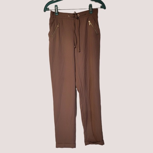 Atmosphere Pants Brown Gold Zip Accents Tie Front Size 8 Paper Bag - Picture 4 of 6